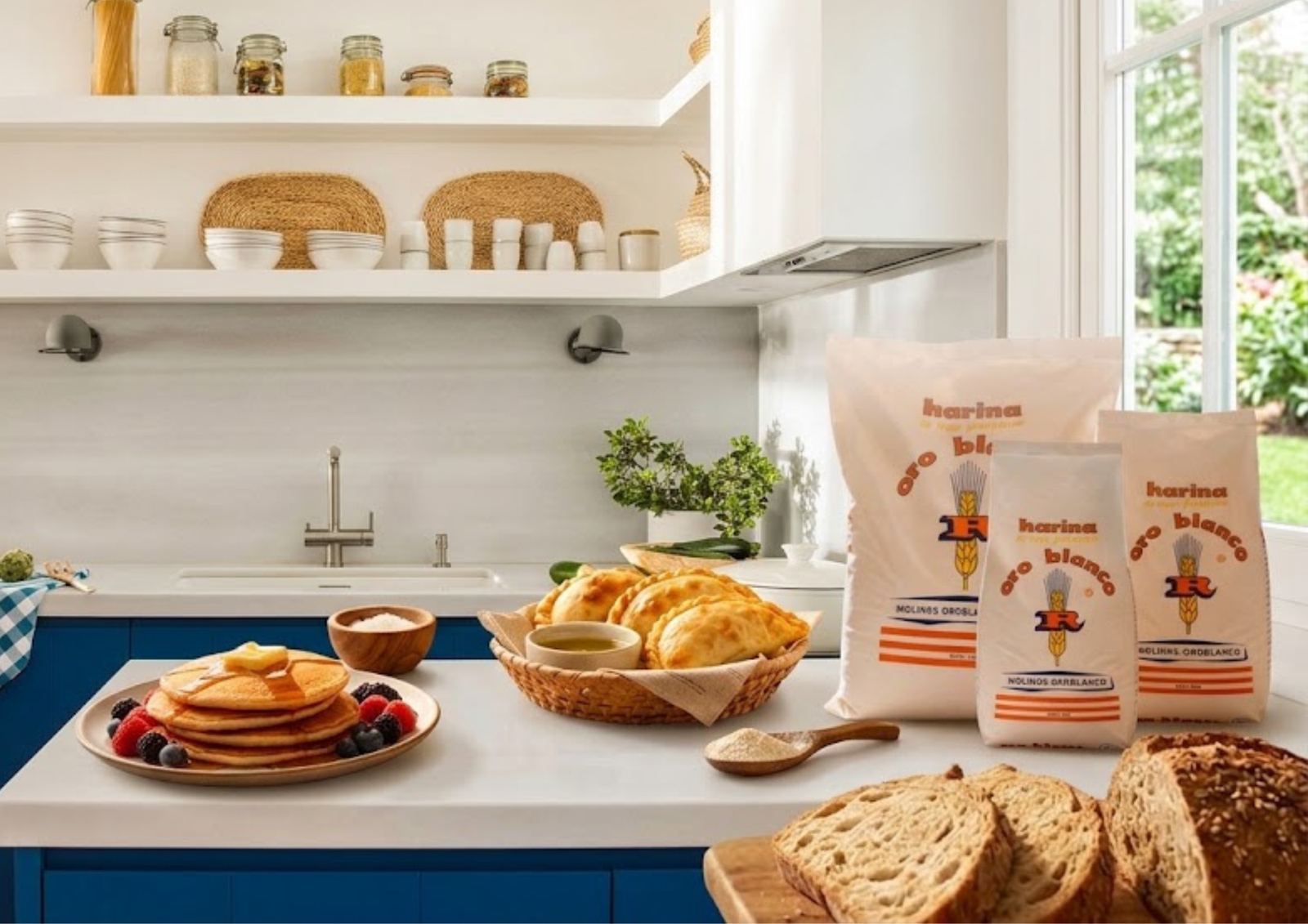 Harina Oro Blanco lista en la cocina: pan, empanadas y pancakes